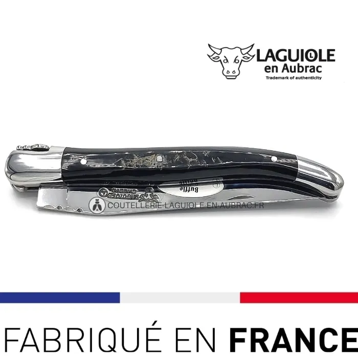 Couteau Laguiole pliant manche croûte de buffle noire brillant